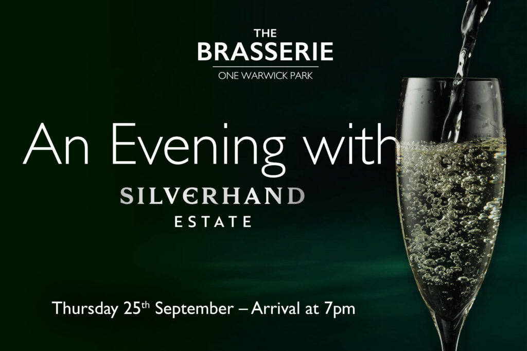 Promotional banner for An Evening with Silverhand Estate at The Brasserie, One Warwick Park, Tunbridge Wells – wine tasting event on Thursday 25th September with 7pm arrival, featuring sparkling wine in a champagne flute.